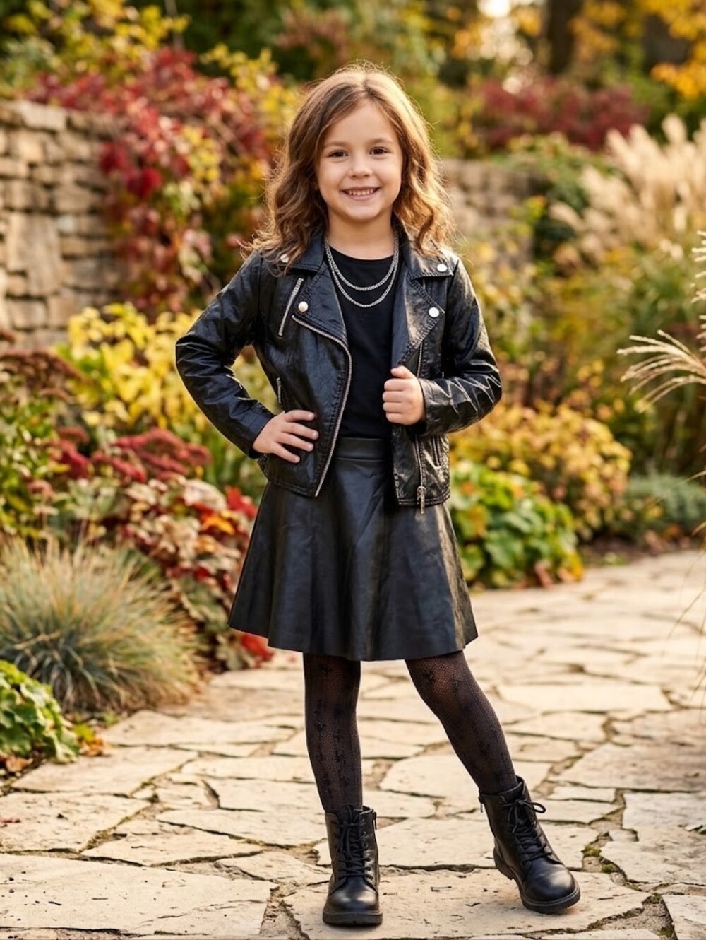 H&M Black Faux Leather Moto Jacket with Matching Skirt